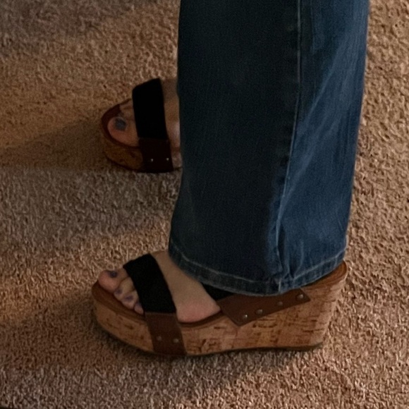 CROWN VINTAGE DOUBLE TROUBLE WEDGE SANDAL SHOES size 8.5 EUC wedges black brown - Picture 10 of 13